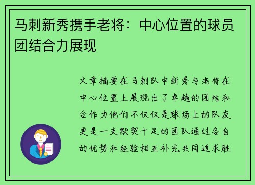 马刺新秀携手老将：中心位置的球员团结合力展现